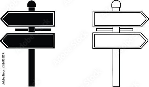 Black silhouette and outline vector icons of a directional signpost with two blank arrow signs, symbolizing choices, directions, travel, and decision-making concepts