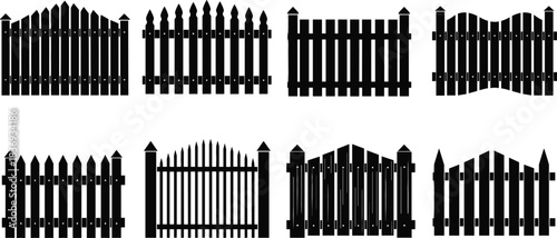 Set of eight black silhouettes of traditional wooden picket fences and gates, symbolizing home security, garden boundaries, residential property, and suburban architecture design