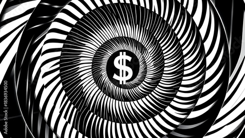 cynicism. A distorted spiral pattern featuring a currency symbol at its center in monochromatic graphic design style. pitch deck slides.