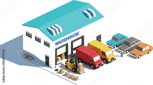 Isometric vector illustration of a modern logistics warehouse with trucks, delivery vans, and a forklift loading cargo for global distribution and transport