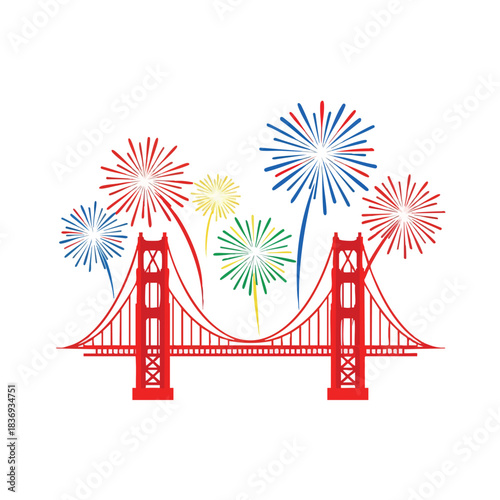 The Golden Gate Bridge lit up with colorful New Year fireworks 