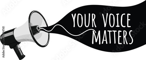 Vector illustration of a large megaphone shouting the empowering motivational message "YOUR VOICE MATTERS," symbolizing advocacy, communication, and public speaking