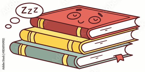 Cute cartoon stack of sleeping books dreaming of knowledge and quiet study time in a cozy setting