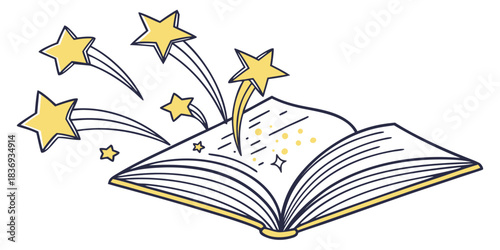 Magical open book releasing vibrant shooting stars creating wonder and educational excitement for children's stories
