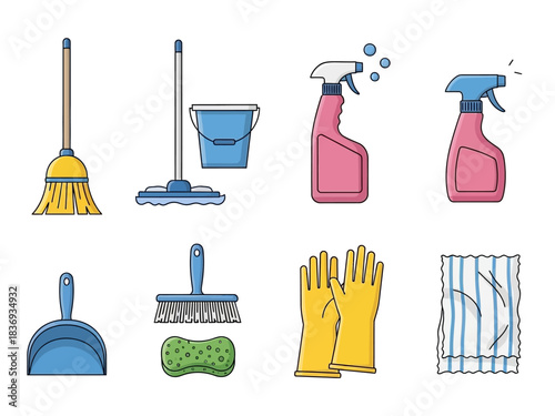 Colorful Cleaning Equipment Icons Broom, Mop, Sprays, Gloves & Sponge