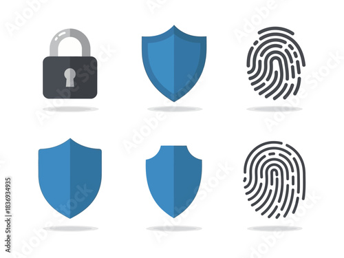 Digital Security Lock, Shield, and Fingerprint Icons for Data Protection