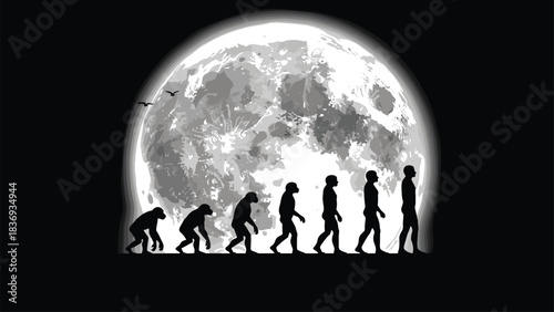 Striking Human Evolution Silhouettes Vector Graphic, From Ape to Man Stages Black Outlines Against a Bright Full Moon Background, Science, and Nature Concept
