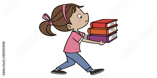 Struggling student carries heavy stack of textbooks through school looking overwhelmed by coursework demands