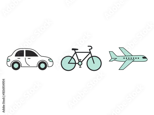 Diverse Transport Lineup Car, Bicycle, and Airplane Icons for Modern Mobility