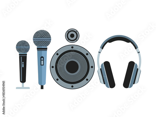 Audio Equipment Collection Microphones, Headphones, and Speaker Set Illustration