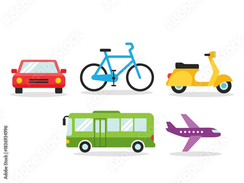 Colorful Transportation Icons Car, Bike, Bus, Scooter, and Airplane