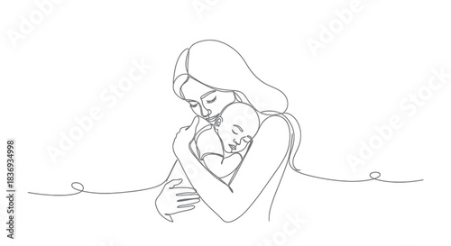 Mother Hugging Baby, One Line Art