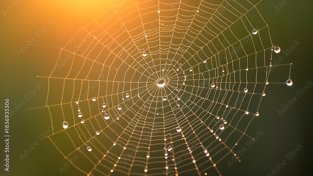 Naklejka premium cynicism. A delicate spiderweb holding morning dew in soft sunrise light. wildlife magazines, conservation campaigns, designed for eco-tourism storytelling, celebrates biodiversity.