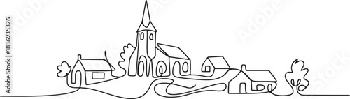 Village with church. Continuous one line art drawing style.one line  vector illustration  with out background