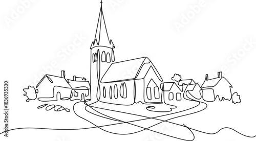 Village with church. Continuous one line art drawing style.one line  vector illustration  with out background