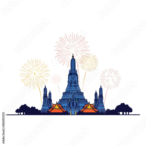 Wat Arun temple shining beside the river with elegant New Year fireworks
