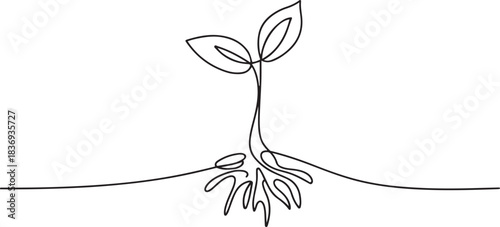 Sprout with roots. Continuous one line drawing.one line  vector illustration  with out background