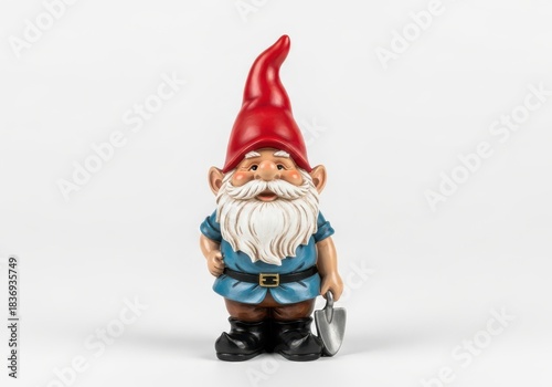 Small decorative garden figurine depicting a gnome holding a trowel stands against a plain white background