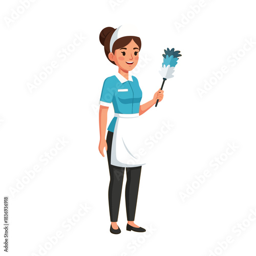 A smiling housekeeper in uniform holding a duster for cleaning services