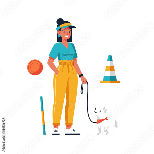 A woman with her dog training outdoors with agility equipment and toys