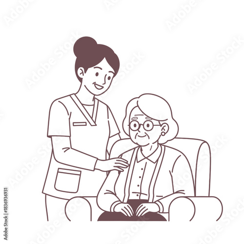 Caring nurse assists elderly woman sitting in chair, illustration of healthcare support