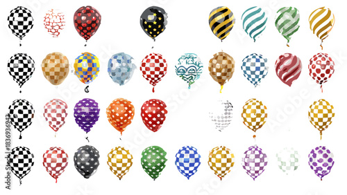 A colorful arrangement of various patterned balloons against a dark background