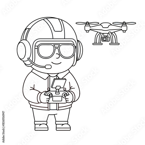 Cartoon pilot with headset and controller operates a drone