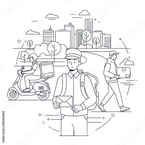 Delivery courier and package transport in urban city with scooter and buildings illustration