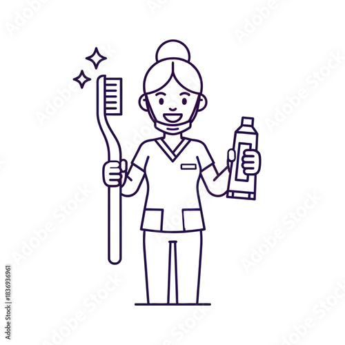 Dental professional holding toothbrush and toothpaste, illustration for oral hygiene