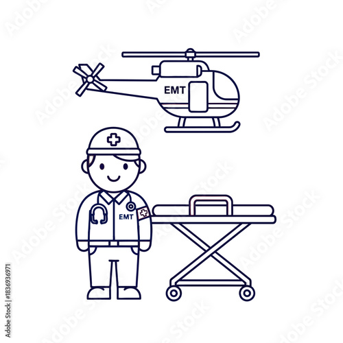 EMT personnel with helicopter and stretcher medical emergency services icon