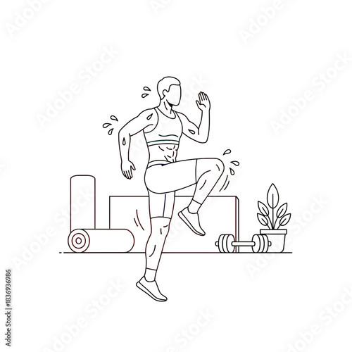Fit man in dynamic running pose on treadmill, representing vigorous cardio exercise and athletic training