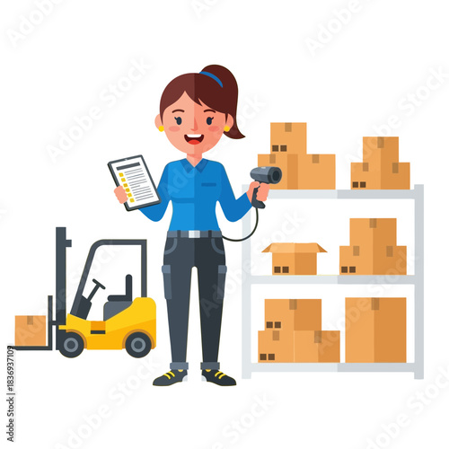 Warehouse worker with forklift and scanner managing inventory on shelves