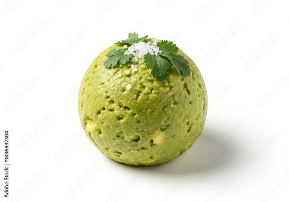 Obraz premium Spherical preparation of mashed avocado is topped with sea salt crystals and fresh herb garnish
