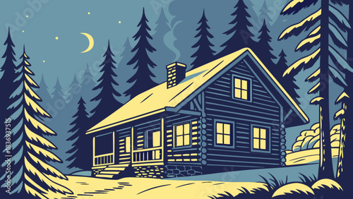 Cozy cabin with lit windows nestled among snow covered pine trees on a clear night with crescent moon