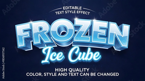 Editable 3d text style effect for frozen ice cube design with blue glow and shiny surface on dark background for winter holiday promotion