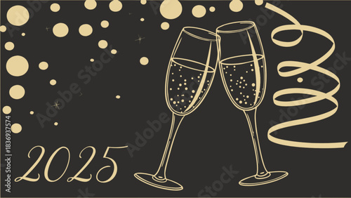 New Year 2025 celebration with champagne glasses and gold confetti on dark background