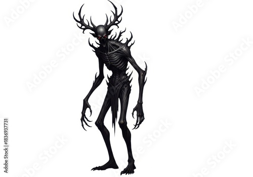Sinister humanoid creature with dark skin and large antlers stands against a white background