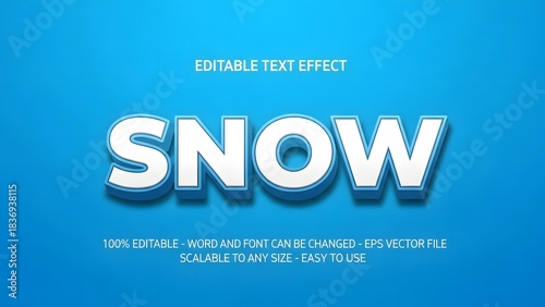 Editable text effect for the word snow with a white and blue winter theme against a vibrant blue background, perfect for holiday design