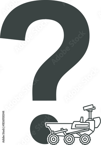 Curious exploration vehicle contemplating the unknown amidst a giant question mark