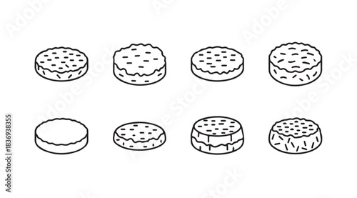 Collection of isometric round food objects with textured surfaces and one plain vector