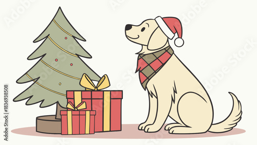 A golden retriever dog wearing a Santa hat and scarf sits beside a Christmas tree and presents