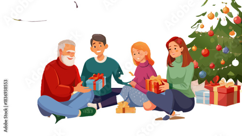 A family of four sitting together on the floor exchanging gifts beside a Christmas tree with colorful ornaments