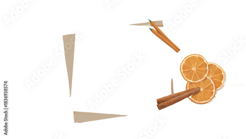 Cinnamon sticks and dried orange slices on a white background with brown paper cutouts