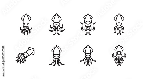 Collection of eight hand drawn kraken or squid icons with tentacles and fin on white surface vector