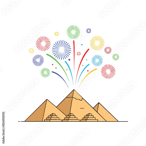 The Great Pyramids glowing under colorful New Year fireworks