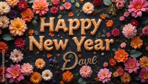 an image of happy new year displaying in flowers and leaves