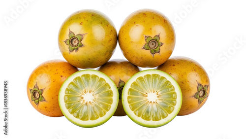 Fresh lulo fruits isolated on a white background, representing healthy fruit with sweet organic freshness and vitamins