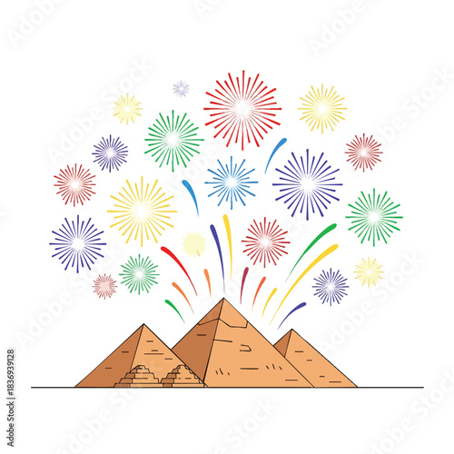 The Great Pyramids glowing under colorful New Year fireworks