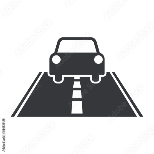 Isolated road pictogram featuring lane markings and a car, symbolizing transportation, highway navigation, traffic routes, driving guidance, urban mobility signage icon.
