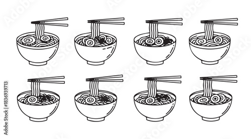 Hand drawn asian noodle soup bowls with chopsticks collection delicious food icons vector